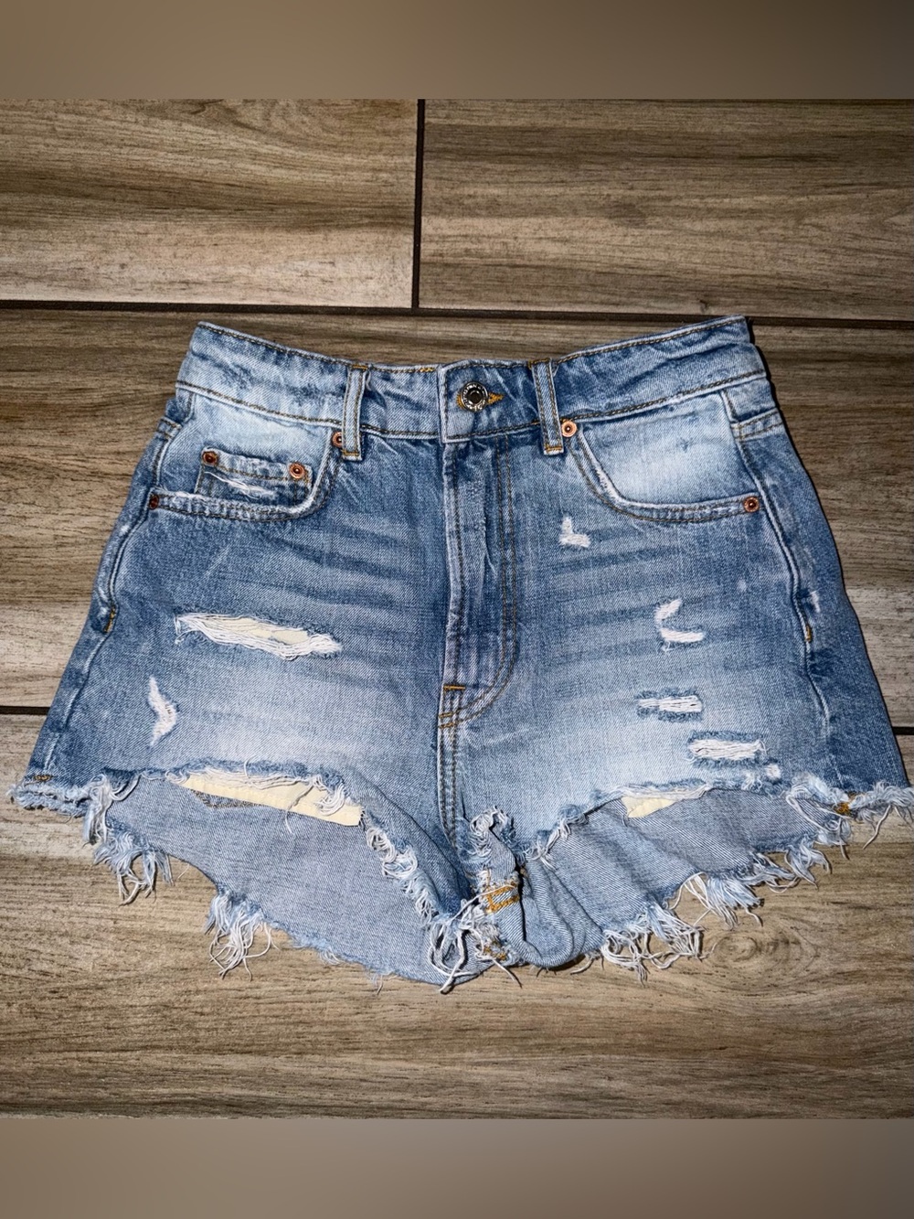 Zara Light Blue Distressed High-Rise Denim Shorts
